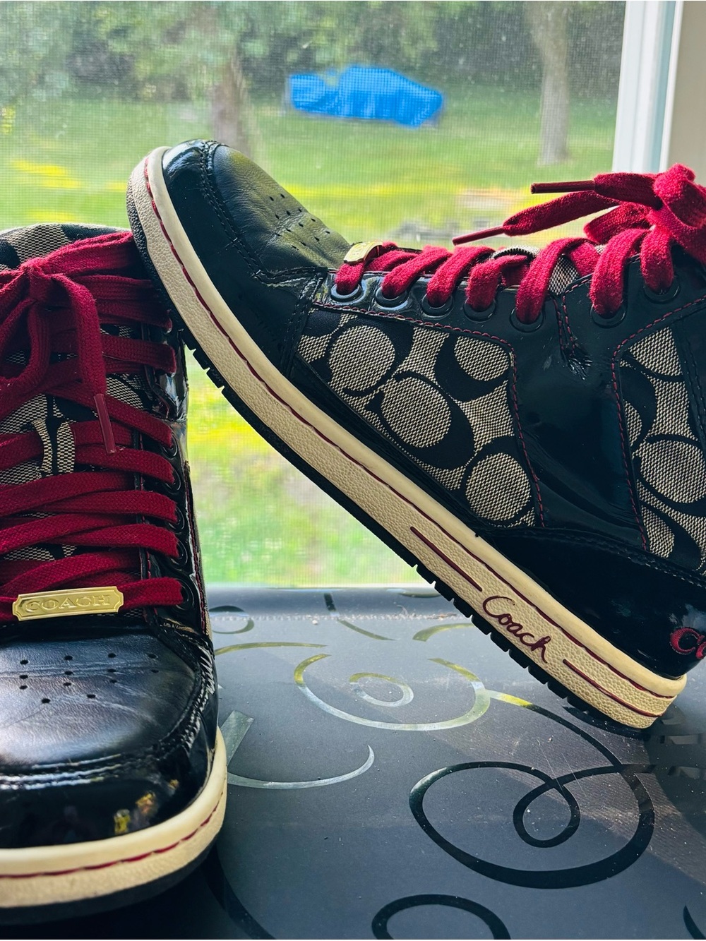 Coach Women’s High-Top Sneakers in Black and Burgundy Red